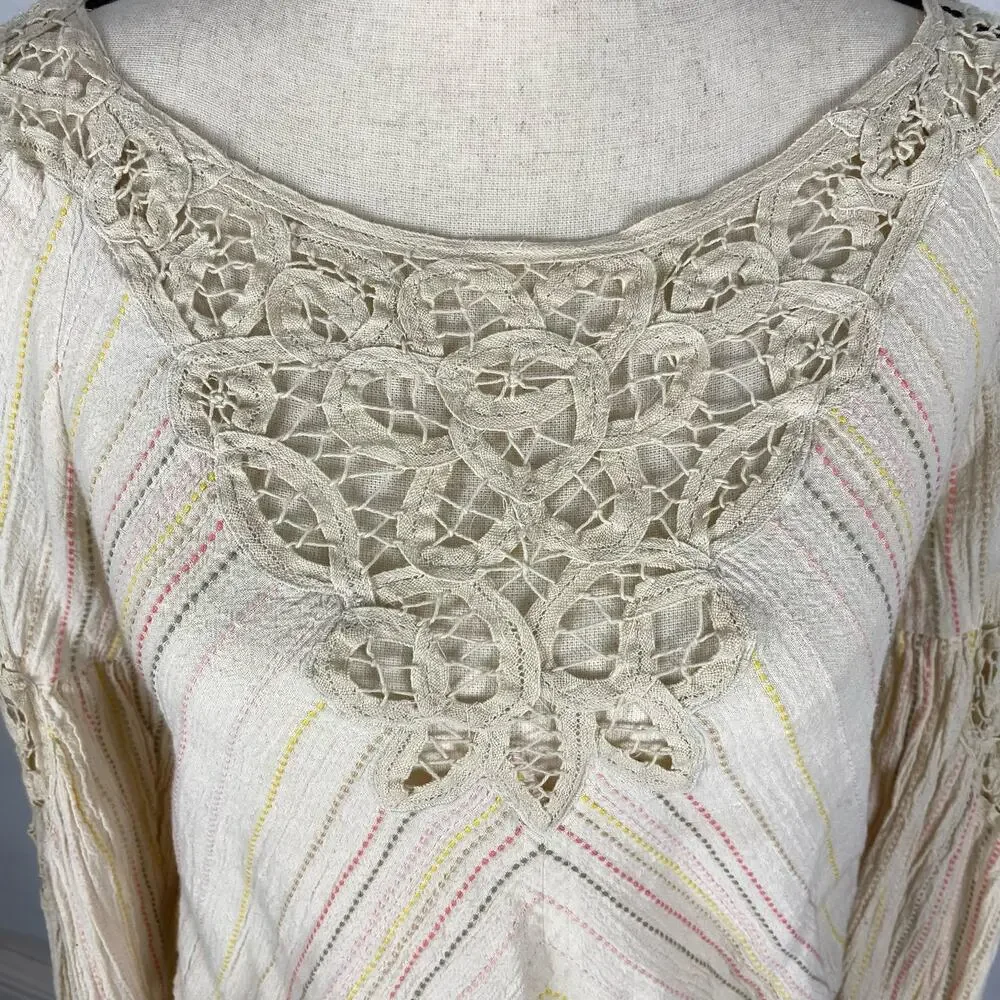 Free People Floating Memories Blouse Cotton Eyelet Pullover Top Beige Womens Sm